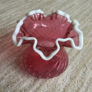 Fenton Cranberry | Ruby Snow Crest Swirl Ruffled Edge Vase (4.5”)